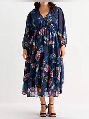 Isabel & Nina Womens Plus V Neck Long Sleeve Puffed Maxi Dress